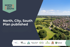 North City South Plan Published With An Aerial Image Of Green Fields And Housing Along The Road To The Right